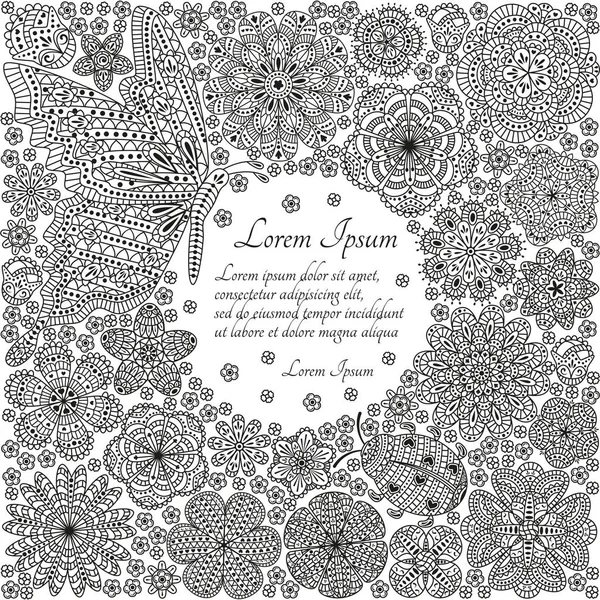 Tebrik kartı veya şablon kelebek, uğur böceği ve çok süslü elemanları ile. Vektör çizim.