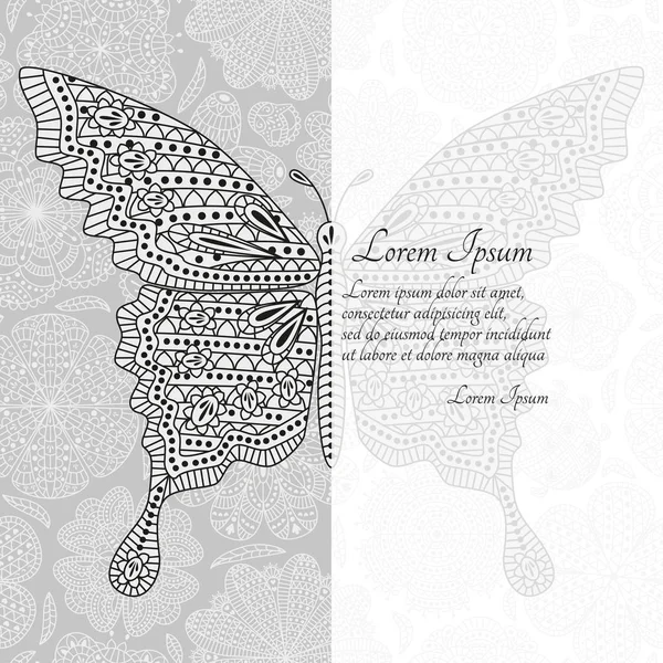 Tebrik kartı veya şablonu ile süslü kelebek. Vektör çizim.