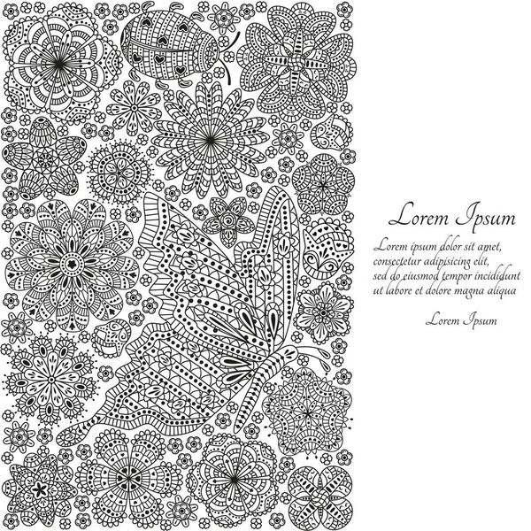 Tebrik kartı veya şablon kelebek, uğur böceği ve çok süslü elemanları ile. Vektör çizim.