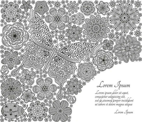 Tebrik kartı veya şablon kelebek, uğur böceği ve çok süslü elemanları ile. Vektör çizim.