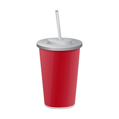 Beyaz arka plan üzerinde izole kırmızı kağıt Kupası şablonu için soda veya saman, içme ile soğuk içecek. Ambalaj koleksiyonu. Vektör çizim