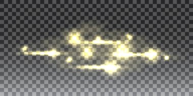 Ve altın glitter bokeh ışıklar parıldıyor. Parlayan yıldız, güneş parçacıklar ve şeffaf arka plan, vektör çizim üzerinde objektif parlama efektli sparks