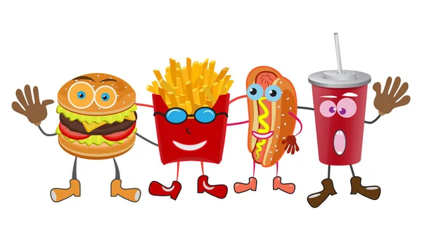 Een groep van vriendelijke Fast Food maaltijden geïsoleerd op een witte achtergrond. Glimlach concept. Vectorillustratie — Stockvector