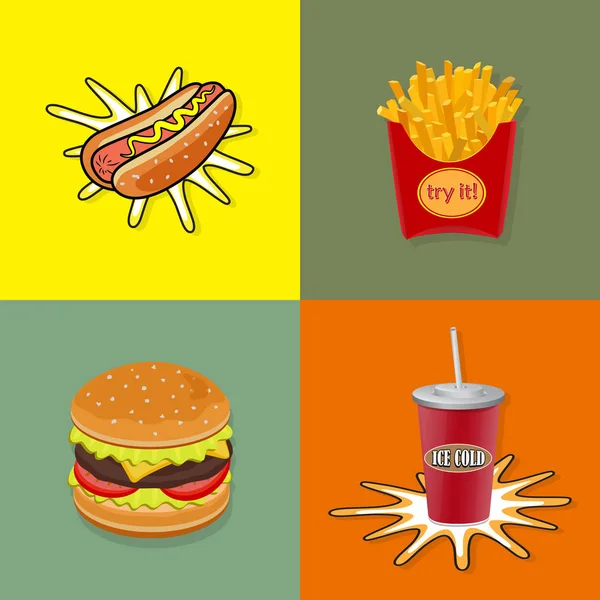 Comida rápida. Ketchup, mostarda, copo de cola, batatas fritas, hambúrguer, cachorro-quente. Ilustração vetorial — Vetor de Stock