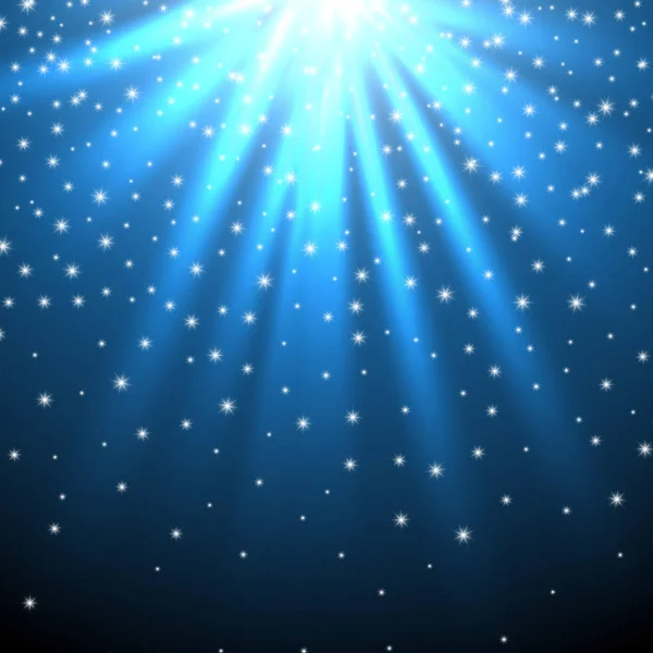 Nieve y estrellas están cayendo en el fondo de los rayos luminosos azules. Ilustración vectorial — Vector de stock