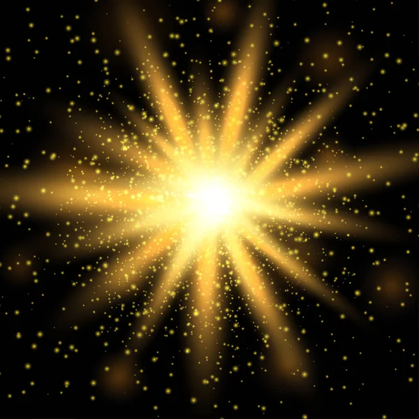 Luce solare trasparente vettoriale effetto luce di brillamento speciale lente. Brillantini d'oro. Stella scoppiata con scintille. Buon Natale e Felice Anno Nuovo, 2017 — Vettoriale Stock