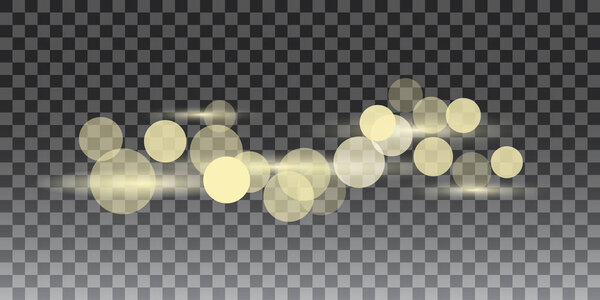 Golden glitter bokeh lights and sparkles. Shining star, sun particles and sparks with lens flare effect on transparent background, Vector illustration