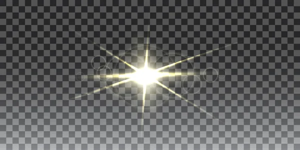 Gylne glitterlys og gnister. Skinnende stjerne, solpartikler og gnister med linseflammeeffekt på gjennomsiktig bakgrunn, vektorillustrasjon – stockvektor