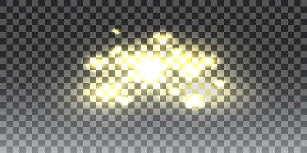 Goldener glitzernder Bokeh Lichter und Funkeln. leuchtender Stern, Sonnenpartikel und Funken mit Linseneffekt auf transparentem Hintergrund, Vektorillustration — Stockvektor