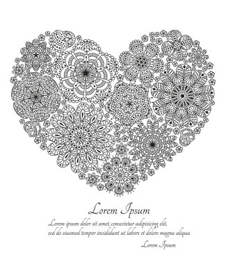 Tebrik kartı veya şablon stilize çiçeklerle. Kalp şekli. Vektör çizim.