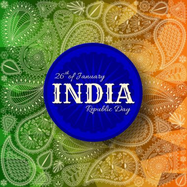 26 Ocak Hindistan Cumhuriyeti günün. Desenli süsleme ile tebrik kartı. Vektör çizim.