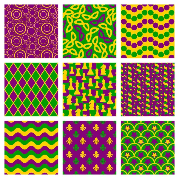 Dikişsiz desen bir dizi Mardi Gras için. Geleneksel renkler. Maske, satranç, fleur de lis, daire ve dalga.