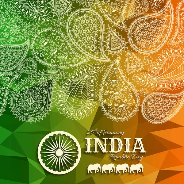 26η Ιανουαρίου Ινδία Δημοκρατία ημέρα. Ευχετήρια κάρτα με paisley στολίδι. Εικονογράφηση διάνυσμα. — Διανυσματικό Αρχείο
