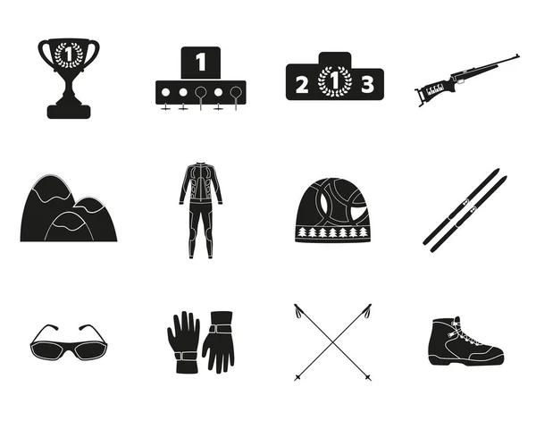 Biatlón. Conjunto de iconos de silueta de equipo, desgaste y zapatos. Ilustración vectorial . — Vector de stock