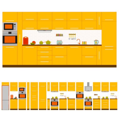 Kitchen interior design set. Front view. Vector illustration. clipart