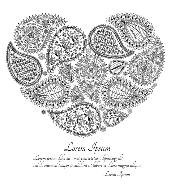 Blahopřání nebo šablonu s paisley ornament. Tvar srdce. Vektorové ilustrace. — Stockový vektor