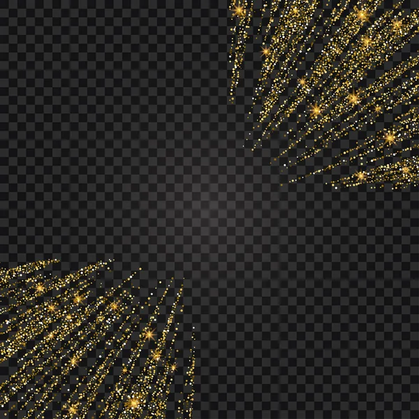 Vector festive illustration of falling shiny particles and stars isolated on transparent background. Golden Confetti Glitters. Sparkling texture. Holiday Decorative tinsel element for Design — Stock Vector