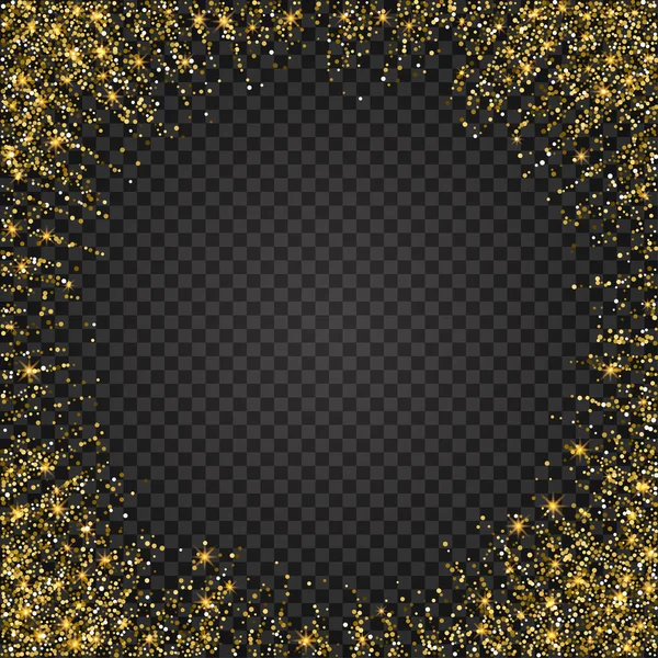 Εορταστική έκρηξη της χαρτοπόλεμος. Χρυσά glitter παρασκήνιο για την κάρτα, πρόσκληση. Διακοπές διακοσμητικό στοιχείο. Εικονογράφηση πτώση λαμπερά μόρια και αστέρια που απομονώνονται σε καρώ — Διανυσματικό Αρχείο