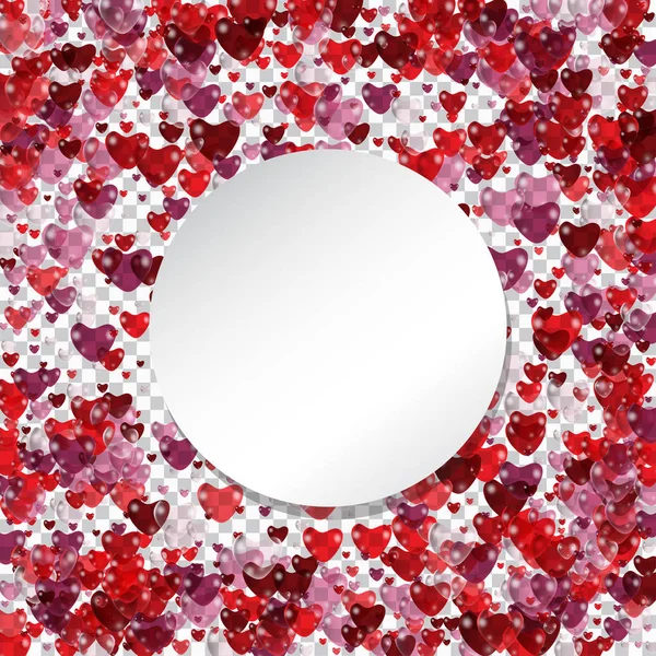 Red Heart shaped confetti for Valentine day background and circle with shadow  text. Design layout template. Vector illustration on checkered — Stock Vector