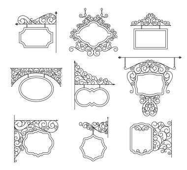 Forged metal signboards set. Linear design. Vector outline illustration isolated on white. clipart