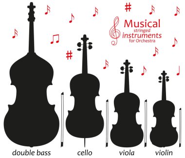 Siluet simgeler kümesi. Orkestra için müzik yaylı enstrümanlar. Vektör çizim