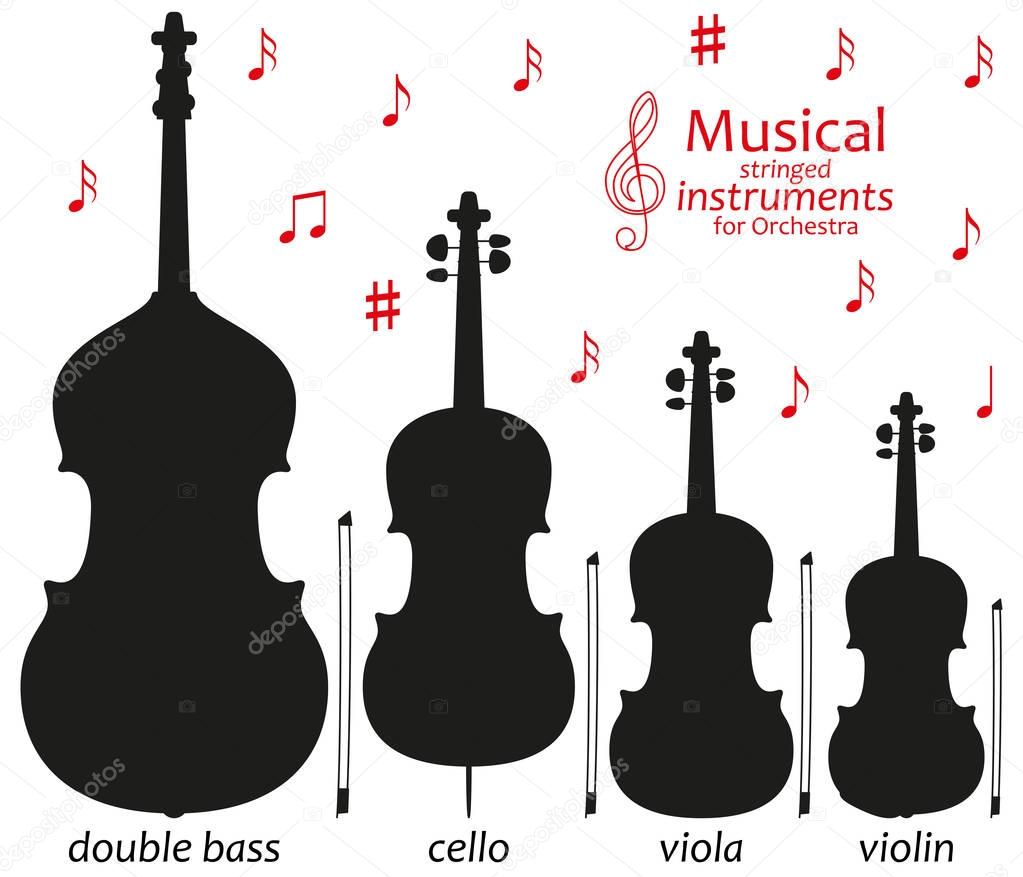 Set of silhouette icons. Musical stringed instruments for orchestra. Vector illustration