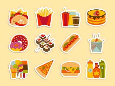 Fastfood ve streetfood çıkartma ayarlayın. Vektör çizim.