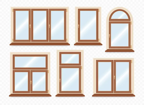 Realista conjunto de ventanas de plástico de madera. Ilustración vectorial . — Vector de stock