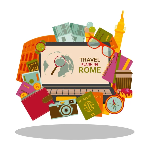 Planejamento de viagens para Roma conceito plano. Ilustração vetorial . — Vetor de Stock