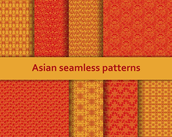 Traditional Asian seamless patterns set. Detailed decorative motifs. Red and orange colors. Vector illustration. — Stock Vector