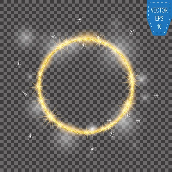 Vector round frame. Gold glittering star dust circles. Shining circle banner on checkered background. Vector illustration — Stock Vector