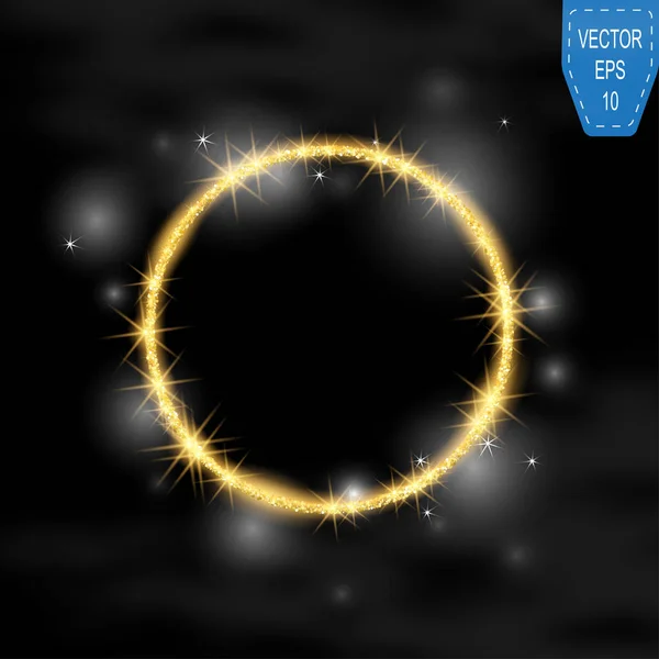 Векторный круглый кадр. Золотые блестящие круги звездной пыли. Знамя сияющего круга на тёмном фоне. Векторная иллюстрация — стоковый вектор