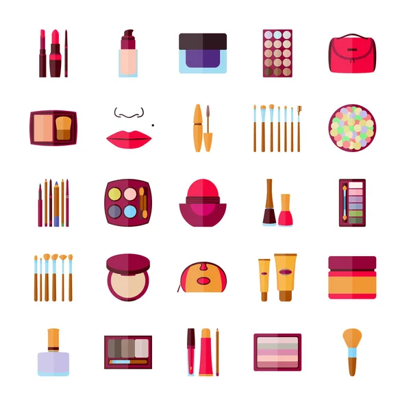 Conjunto de cosméticos decorativos para cara, labios, piel, ojos, uñas, cejas y estuche de belleza. Ilustración vectorial . — Vector de stock