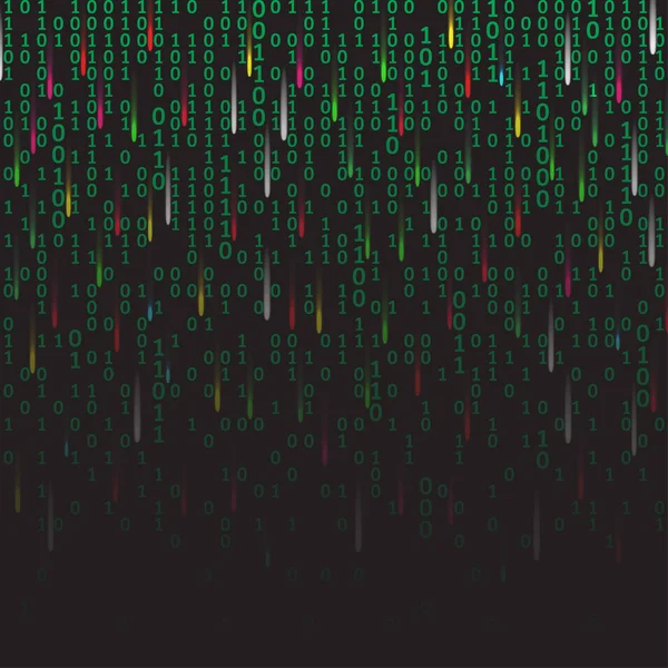 Código binario verde y fondo oscuro con fuegos artificiales, dígitos en la pantalla. Algoritmo binario, código de datos, descifrado y codificación, matriz de fila, ilustración vectorial — Archivo Imágenes Vectoriales