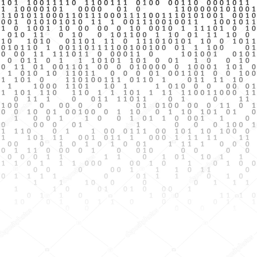 Binary code green and dark background with fireworks, digits on screen. Algorithm binary, data code, decryption and encoding, row matrix, vector illustration