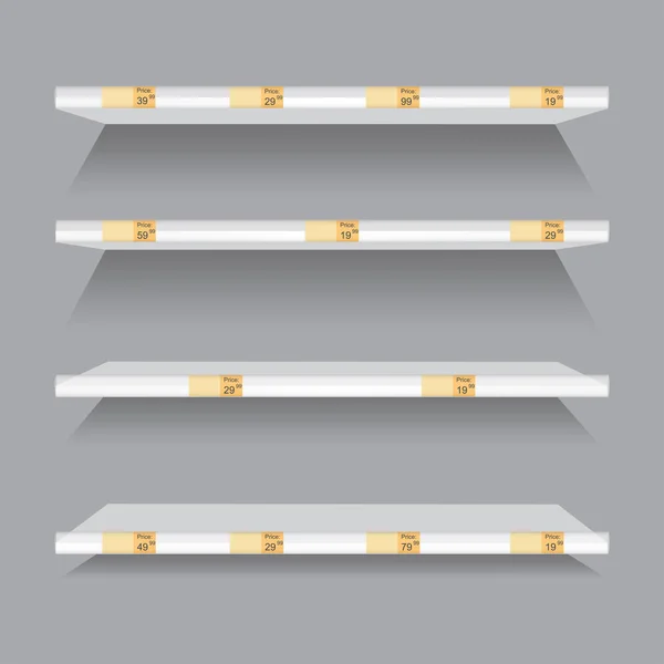 Étagères de supermarché vides avec des étiquettes de prix publicitaires illustration vectorielle — Image vectorielle