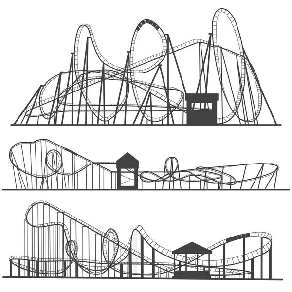 Набор силуэтов американские горки. Rollercoaster или ролики парка развлечений изолированы на белом фоне — стоковый вектор