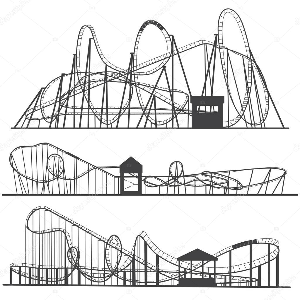 Set of silhouettes Roller coaster. Rollercoaster or amusement park rollers isolated on white background