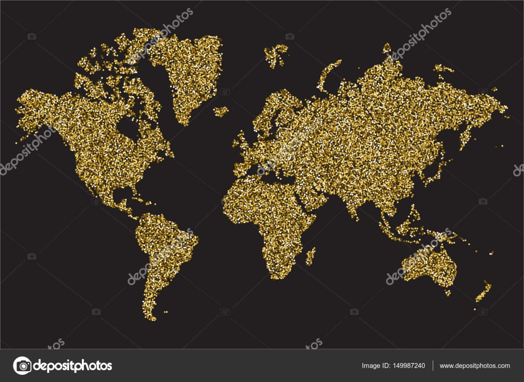 Carte Monde Isolé Sur Fond Noir Texture De Paillettes Dor