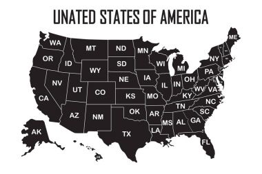 Poster map of United States of America with state names on the white background. clipart