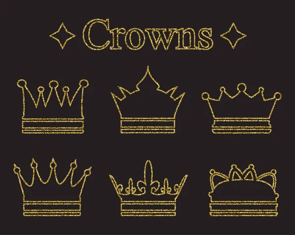 Set of crowns in doodle style. Gold glitter texture. Golden gloss effect. Sparkling diadems, tiaras — Stock Vector