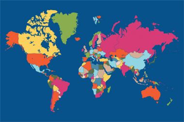 Ülke sınırları ile Dünya Haritası renkli, vektör iilustration