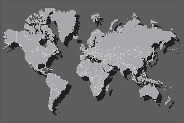 Politieke wereldkaart met schaduw, vectorillustratie — Stockvector