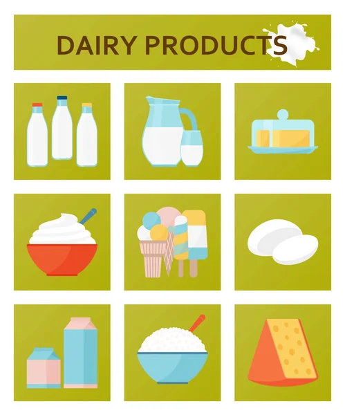 Mléčné výrobky ploché sada. Vektorové ilustrace. — Stockový vektor