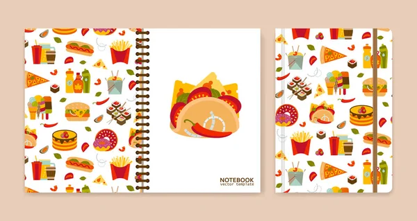 Diseño de portada para cuadernos o álbumes de recortes con iconos de comida rápida — Vector de stock