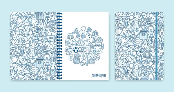 Diseño de portada para cuadernos o álbumes de recortes con iconos de línea deportiva y recreativa — Vector de stock