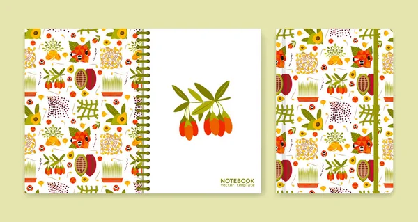 Diseño de portada para cuadernos o álbumes de recortes con iconos de superalimentos — Vector de stock