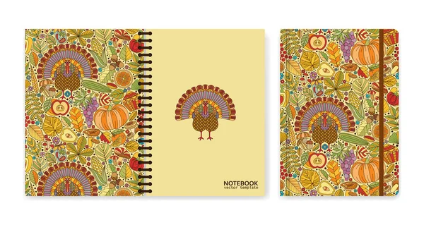 Diseño de portada para cuadernos o álbumes de recortes con patrón otoñal y pavo — Vector de stock