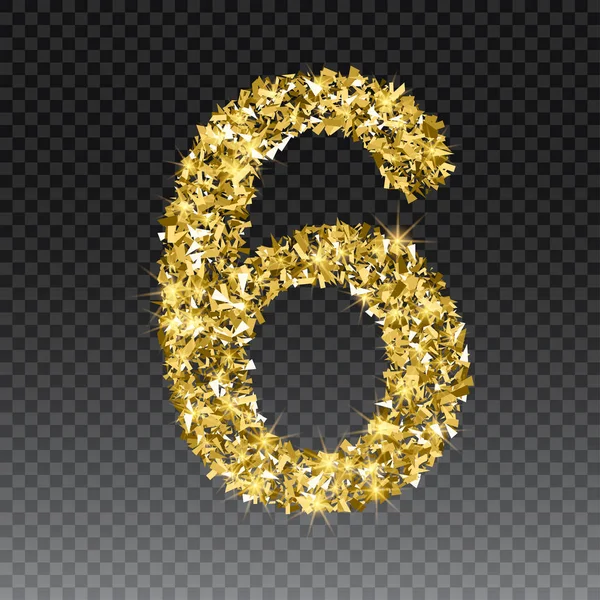 Gold glitzernde Zahl six.vector glänzende goldene Schrift Figur Schriftzug von Funkeln auf kariertem Hintergrund — Stockvektor