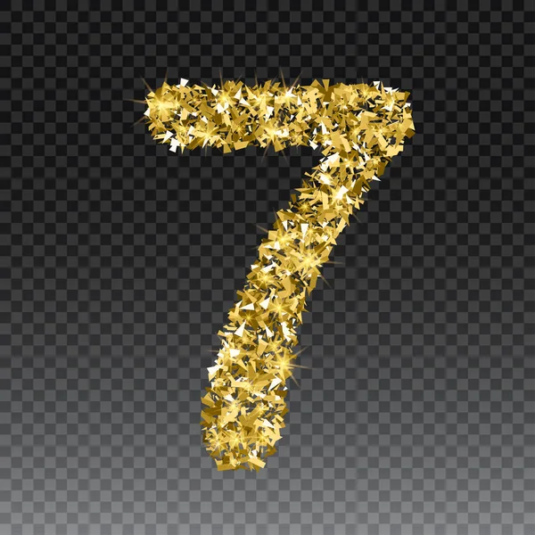 金きらびやかな数 7。輝く黄金フォント ベクトル市松模様の背景の上で輝きのレタリングを図 — ストックベクタ
